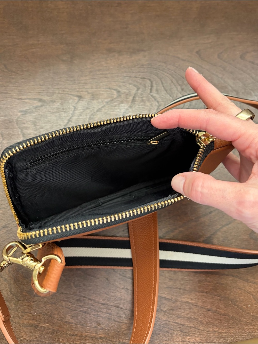 Bandolier Cognac Leather Crossbody with Striped Canvas Strap - Picture 3 of 5